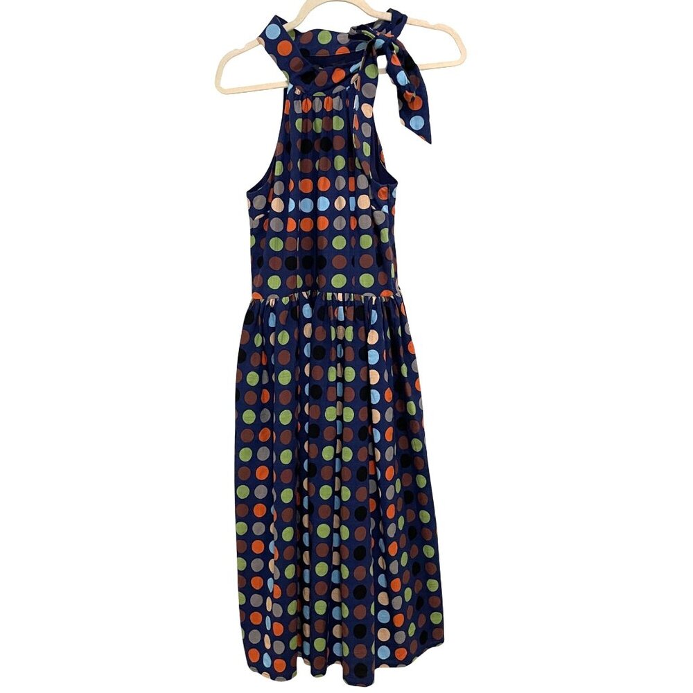 Polka Dot Tie-Neck Midi Dress - Navy Multi